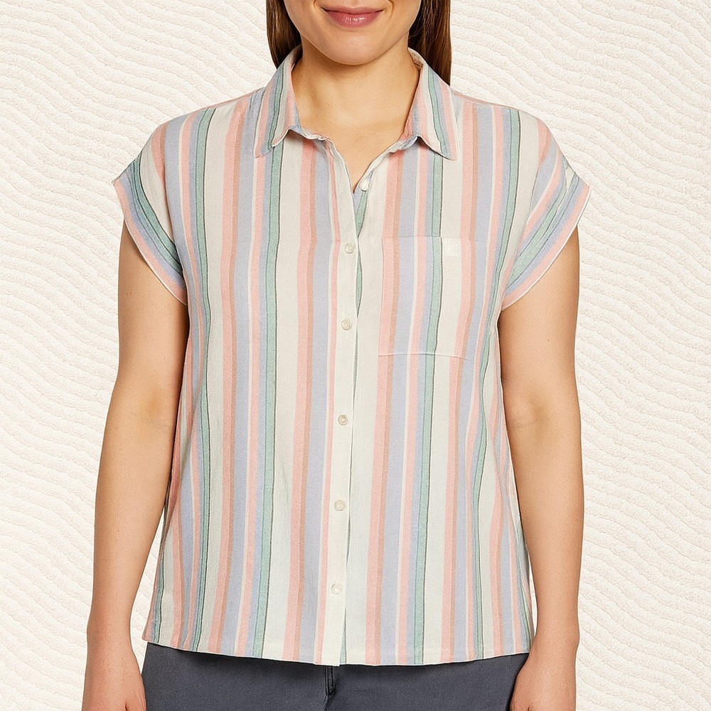 Orvis Women’s M Linen Blend Button Down Shirt Short Sleeve Multi-Color Plaid